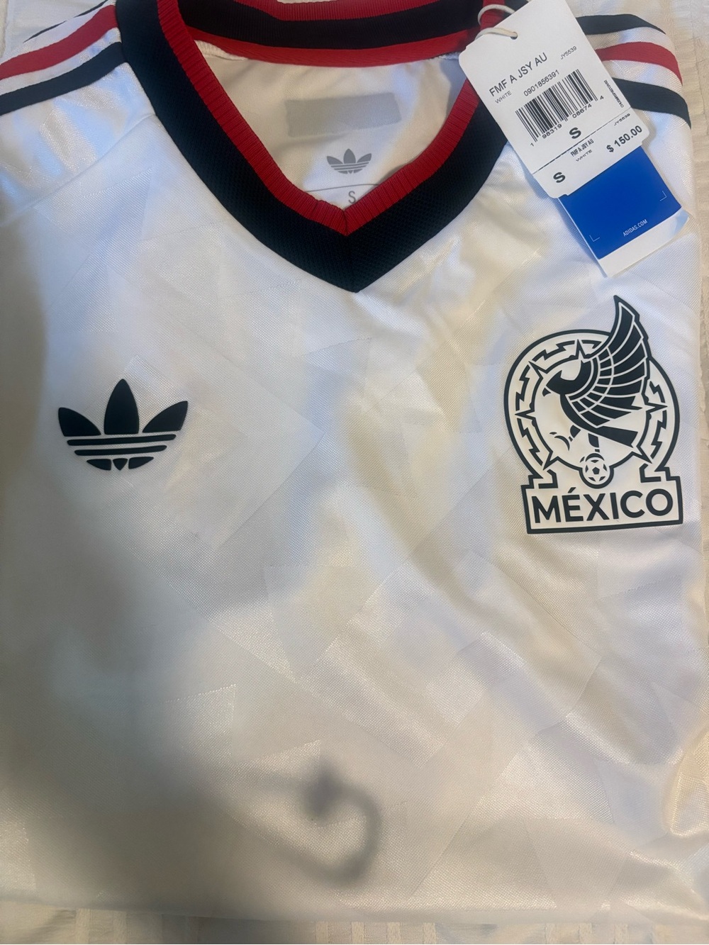 adidas White Mexico Trefoil Football Jersey with Black and Red Trim size S